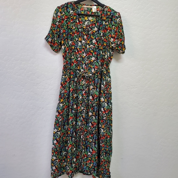 Vintage La Cera Plus Sz S Crinkle Black Floral Print Maxi Dress Button - Picture 1 of 7